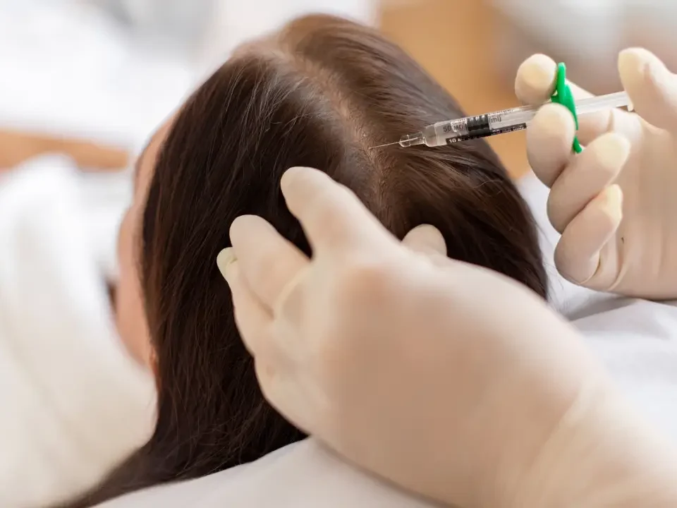 A professional aesthetic treatment session for hair restoration using natural growth factor injections in Salem, NH